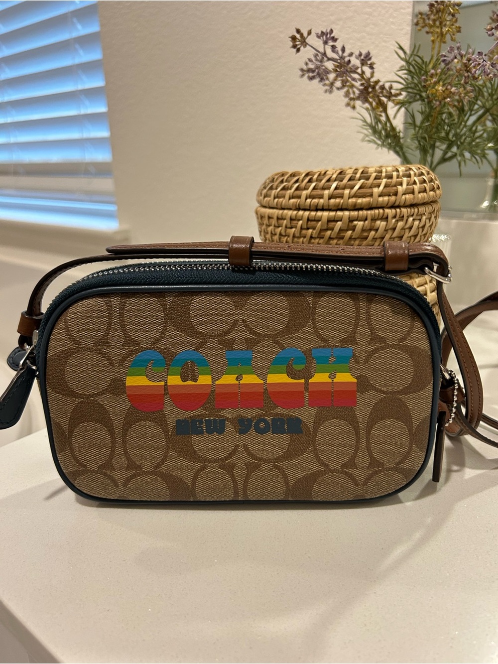 COACH Brown Signature Canvas Rainbow Logo Crossbody Bag NWT